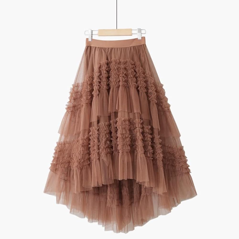 High-Low Ruffle Tulle Skirt in Dusty Brown